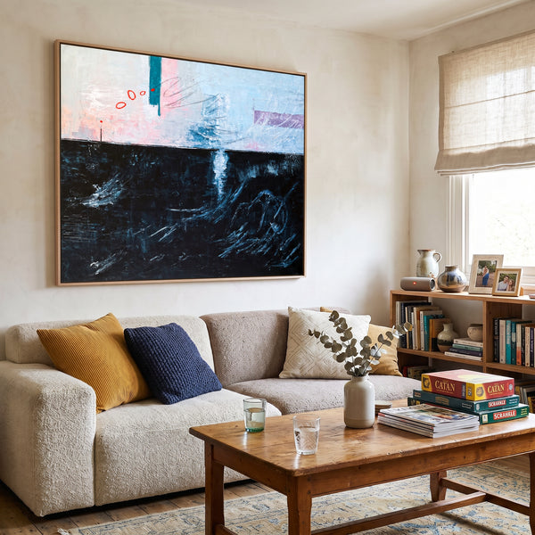 Moody Black Blue Abstract Wall Art — Large Original Oil Painting, Textured Canvas — "The South (Horizontal Ver.)"