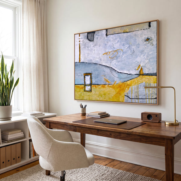 Abstract Wall Art, Yellow Modern Original Oil Painting — Large Textured Statement Canvas — "Yellow telephone booth (Horizontal Ver.)"