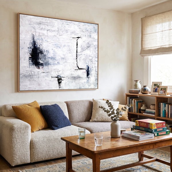 Large Abstract Wall Art — Minimalist Black White Original Oil Painting, Textured Canvas — "Trace (Horizontal Ver.)"