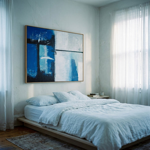 Bold Blue Modern Abstract Wall Art — Original Oil Painting, Textured Canvas — "Janus (Horizontal Ver.)"