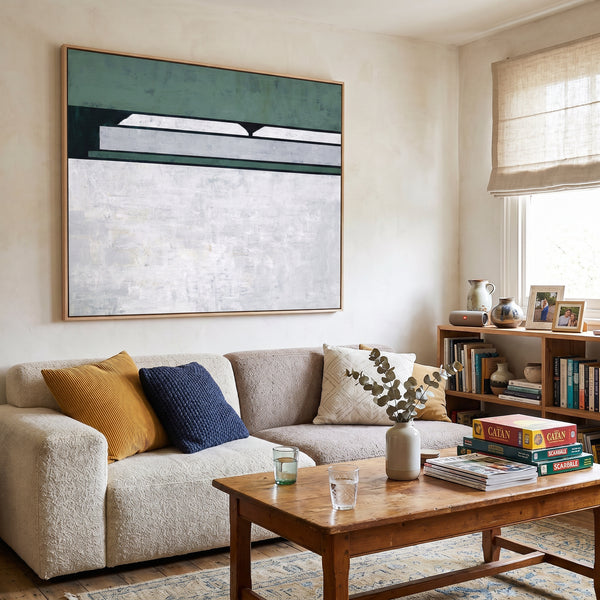 Large Moody Blue Abstract Wall Art — Original Oil Painting, Textured Canvas — "Room I (Horizontal Ver.)"
