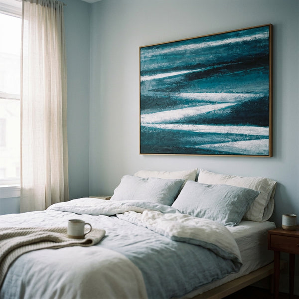 Moody Teal Abstract Wall Art — Large Original Oil Painting, Textured Canvas — "Channel (Horizontal Ver.)"