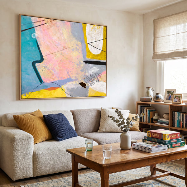 Pink Teal Abstract Wall Art — Large Modern Original Oil Painting, Textured Canvas — "Mindscape (Horizontal Ver.)"