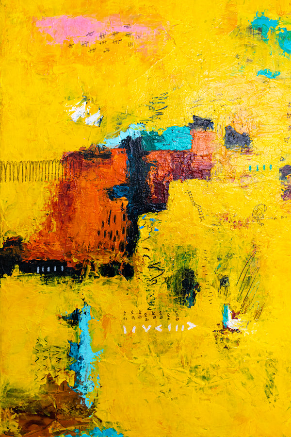Vibrant Yellow Modern Abstract Wall Art — Original Oil Painting, Textured Canvas — "Sensus Gelb I" (20"x20") (20"x20" | 51x51cm)