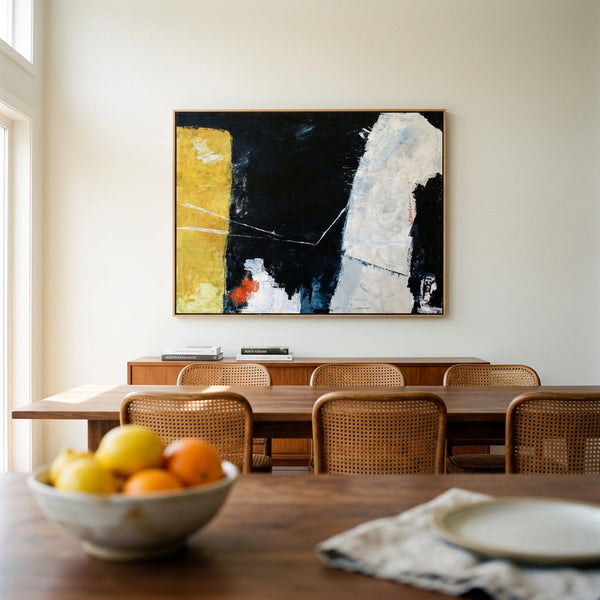 Moody Black Yellow Abstract Wall Art — Large Original Oil Painting, Textured Canvas — "Connection (Horizontal Ver.)"