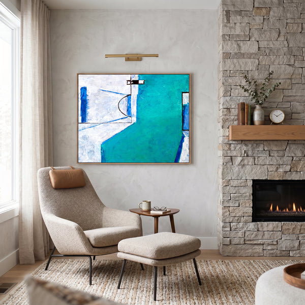 Teal Blue Bold Abstract Wall Art — Large Modern Original Oil Painting, Textured Canvas — "Out there (Horizontal Ver.)"