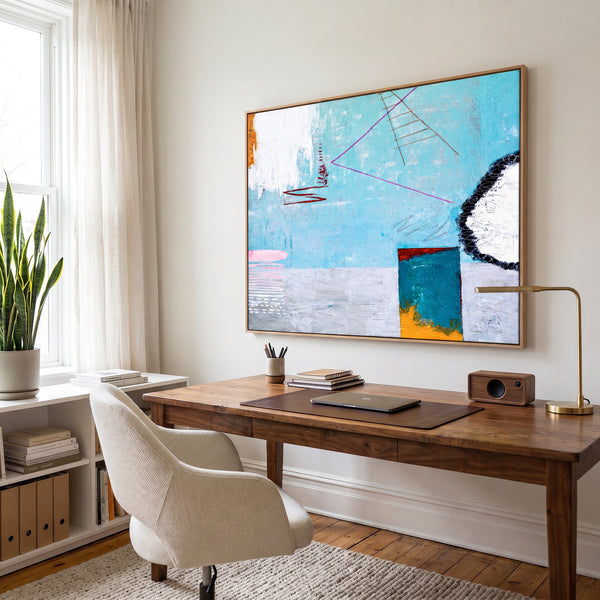 Large Moody Blue Abstract Wall Art — Original Oil Painting, Textured Canvas — "Tale III (Horizontal Ver.)"