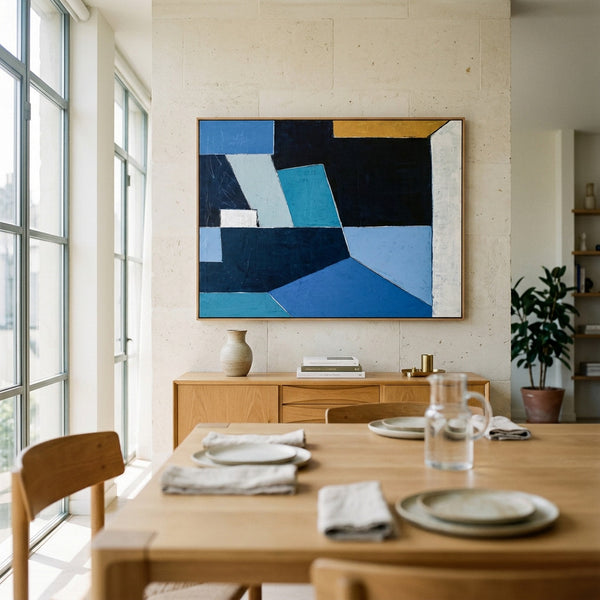 Bold Blue Geometric Abstract Wall Art — Modern Original Oil Painting, Textured Canvas — "Geometry II (Horizontal Ver.)"