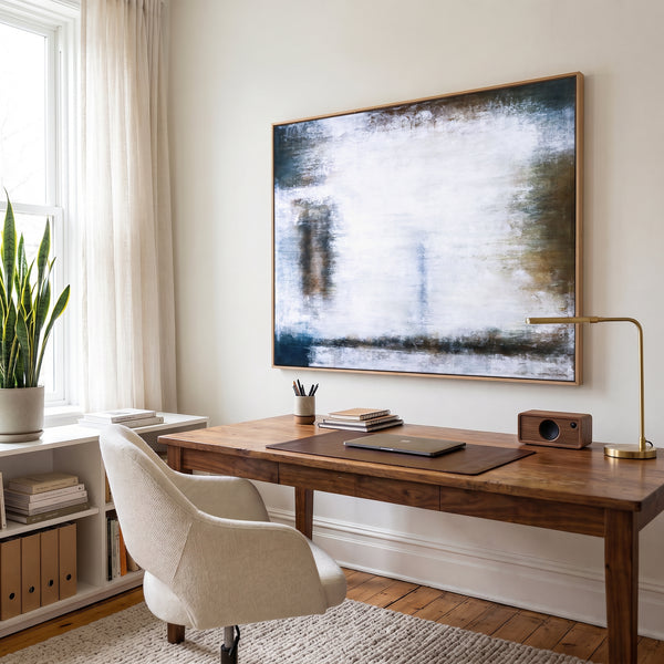 Moody White Abstract Wall Art — Large Original Oil Painting, Textured Canvas — "Waiting (Horizontal Ver.)"