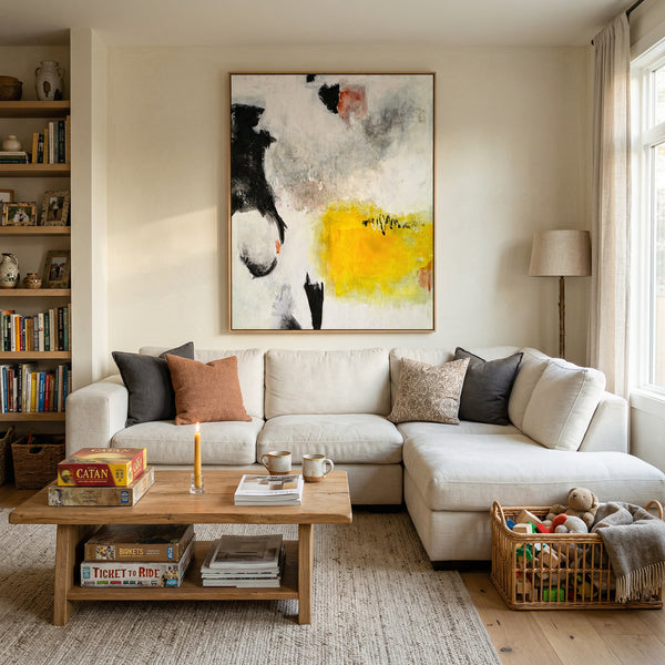 Oversized Black Yellow Abstract Wall Art — Original Oil Painting, Textured Canvas — "Sign (Vertical Ver.)"