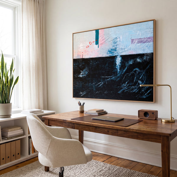 Moody Black Blue Abstract Wall Art — Large Original Oil Painting, Textured Canvas — "The South (Horizontal Ver.)"