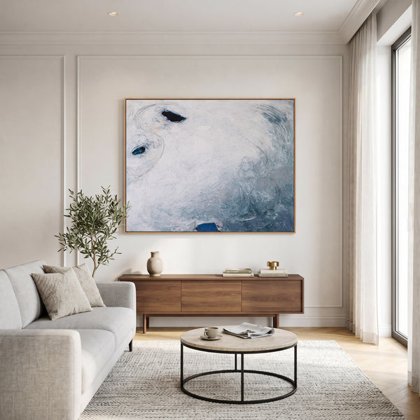 Serene Blue Minimalist Abstract Wall Art — Original Oil Painting, Textured Canvas Statement — "A little piece of moon (Horizontal Ver.)"
