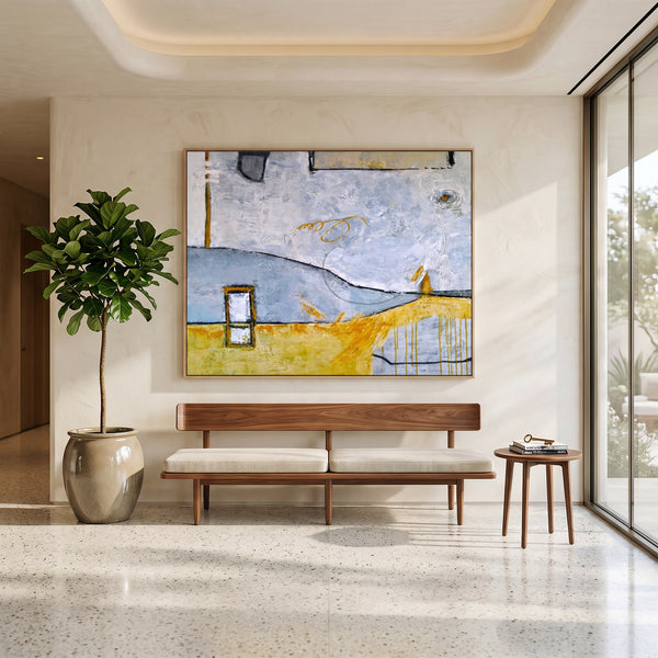 Abstract Wall Art, Yellow Modern Original Oil Painting — Large Textured Statement Canvas — "Yellow telephone booth (Horizontal Ver.)"