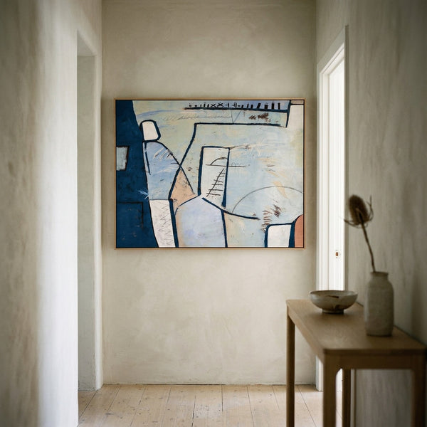 Cool Blue Modern Abstract Wall Art — Large Original Oil Painting, Textured Canvas — "Guess (Horizontal Ver.)"