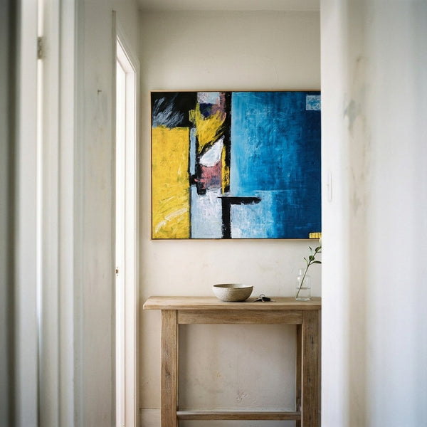 Abstract Wall Art — Large Blue Modern Original Oil Painting, Textured Canvas — "Construction (Horizontal Ver.)"