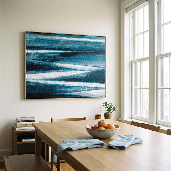 Moody Teal Abstract Wall Art — Large Original Oil Painting, Textured Canvas — "Channel (Horizontal Ver.)"