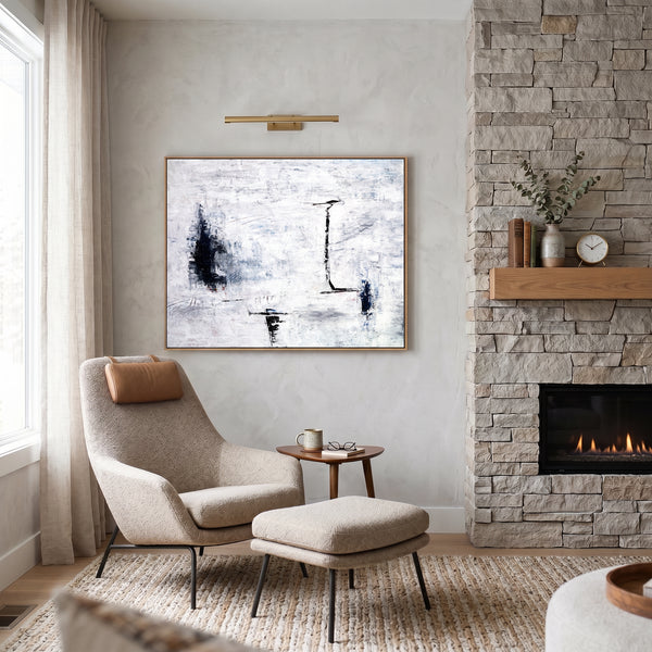 Large Abstract Wall Art — Minimalist Black White Original Oil Painting, Textured Canvas — "Trace (Horizontal Ver.)"