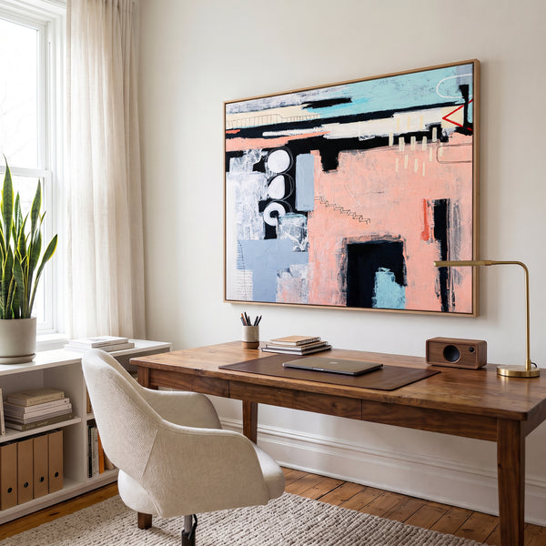 Bold Pink Modern Abstract Wall Art — Original Oil Painting, Textured Canvas — "Archive of longings (Horizontal Ver.)"