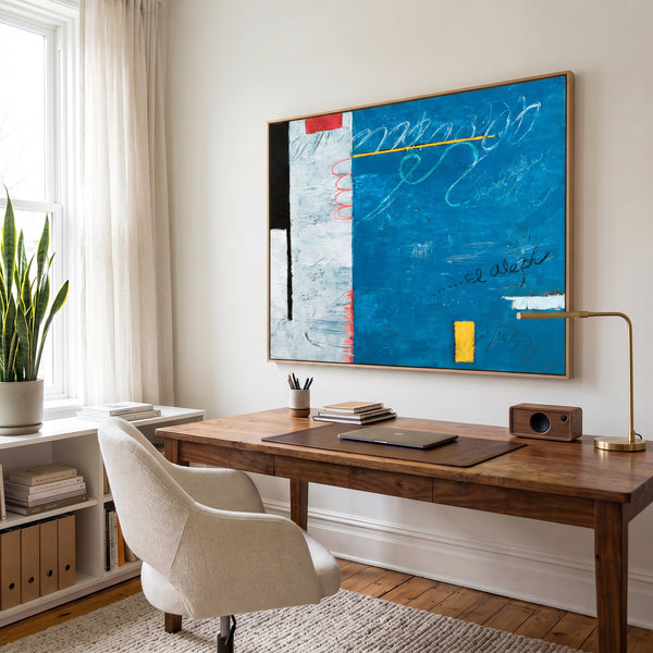 Abstract Wall Art Blue Modern Dynamic Original Oil Painting, Textured Canvas — "The Aleph (Horizontal Ver.)"