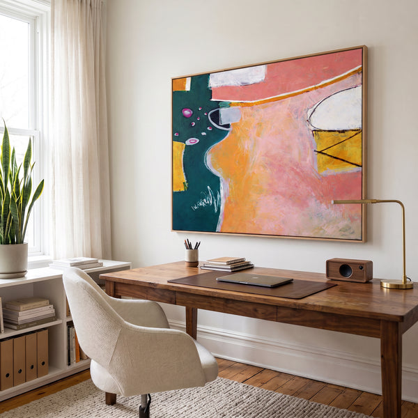 Vibrant Pink Modern Abstract Wall Art — Original Oil Painting, Textured Canvas — "Magician's table (Horizontal Ver.)"