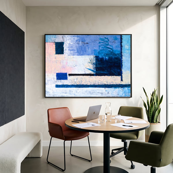 Cool Blue Bold Abstract Wall Art — Modern Original Oil Painting, Textured Canvas — "Window (Horizontal Ver.)"