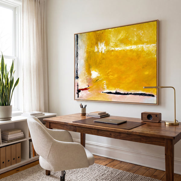 Large Yellow Modern Abstract Wall Art — Original Oil Painting, Textured Canvas — "Reminiscent (Horizontal Ver.)"