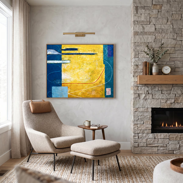 Large Yellow Teal Abstract Wall Art — Modern Original Oil Painting, Textured Canvas — "Summer time (Horizontal Ver.)"