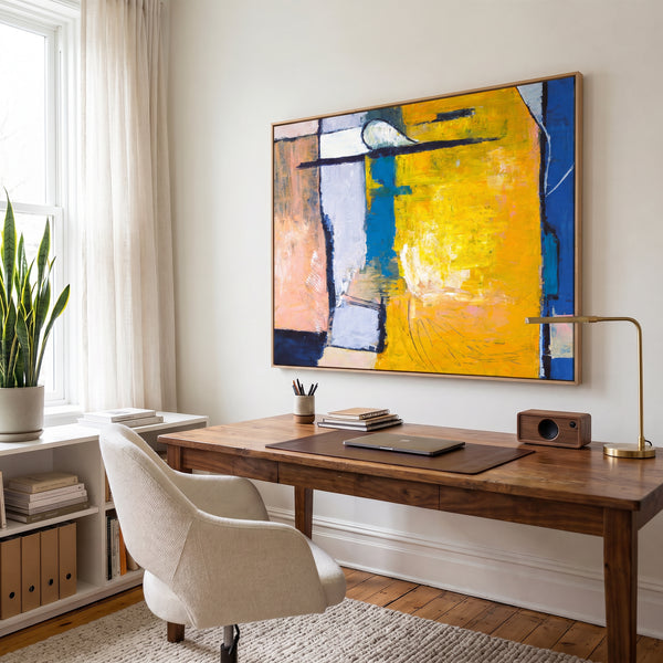 Vibrant Yellow Bold Abstract Wall Art — Modern Original Oil Painting, Textured Canvas — "Suburban (Horizontal Ver.)"