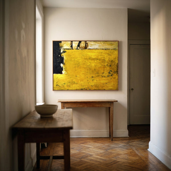 Yellow Abstract Wall Art — Modern Textured Original Oil Painting, Large Canvas — "Field of yellow (Horizontal Ver.)"