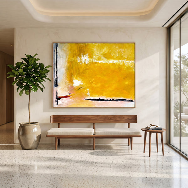Large Yellow Modern Abstract Wall Art — Original Oil Painting, Textured Canvas — "Reminiscent (Horizontal Ver.)"