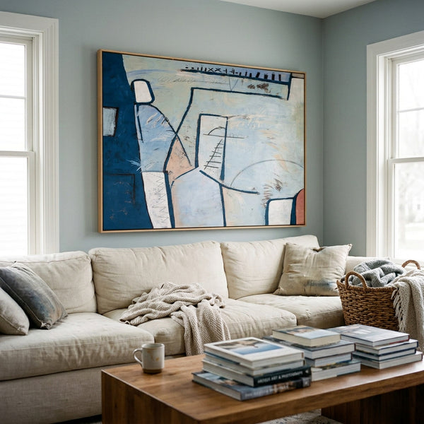 Cool Blue Modern Abstract Wall Art — Large Original Oil Painting, Textured Canvas — "Guess (Horizontal Ver.)"