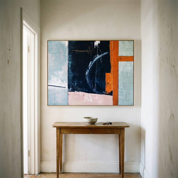 Moody Navy Abstract Wall Art — Large Original Oil Painting, Textured Canvas — "Composition A (Horizontal Ver.)"
