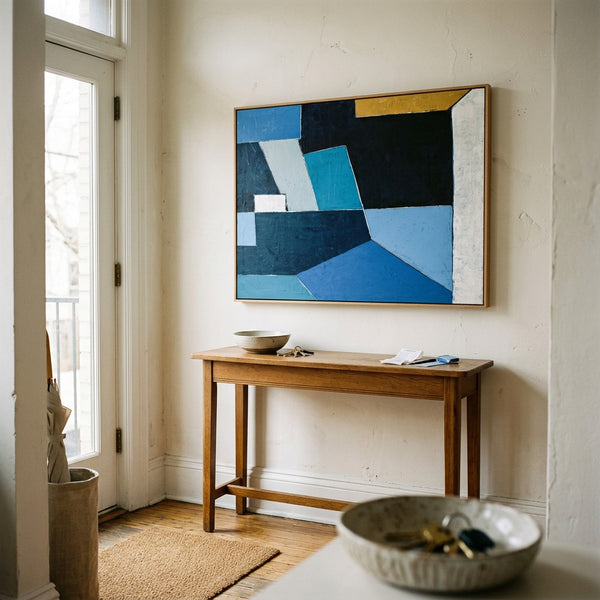 Bold Blue Geometric Abstract Wall Art — Modern Original Oil Painting, Textured Canvas — "Geometry II (Horizontal Ver.)"