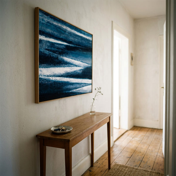 Moody Teal Abstract Wall Art — Large Original Oil Painting, Textured Canvas — "Channel (Horizontal Ver.)"