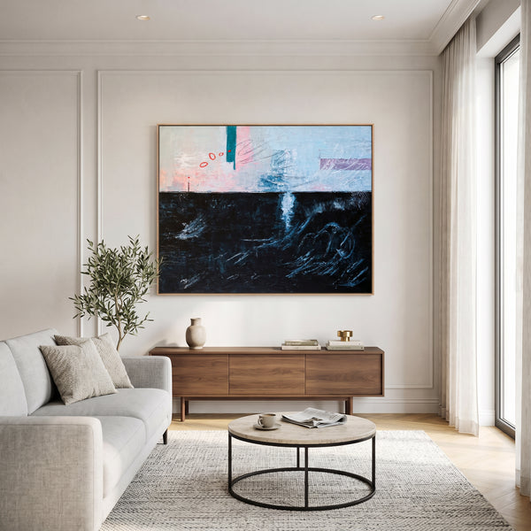 Moody Black Blue Abstract Wall Art — Large Original Oil Painting, Textured Canvas — "The South (Horizontal Ver.)"