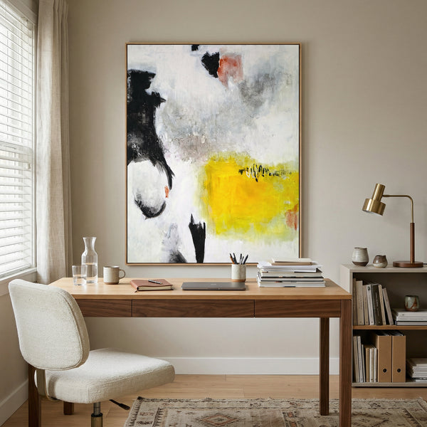 Oversized Black Yellow Abstract Wall Art — Original Oil Painting, Textured Canvas — "Sign (Vertical Ver.)"