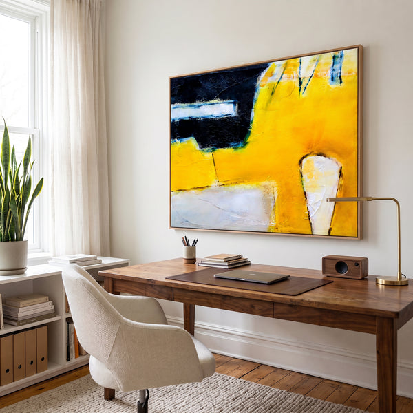 Abstract Wall Art — Large Yellow Black Modern Original Oil Painting, Textured Canvas — "Neo (Horizontal Ver.)"