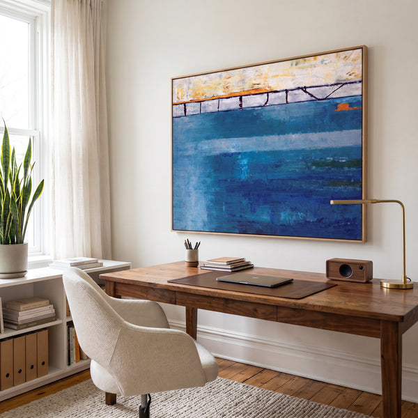 Cool Blue Moody Abstract Wall Art — Original Oil Painting, Textured Canvas — "Passage (Horizontal Ver.)"