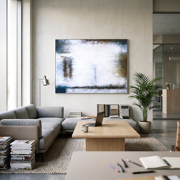 Moody White Abstract Wall Art — Large Original Oil Painting, Textured Canvas — "Waiting (Horizontal Ver.)"