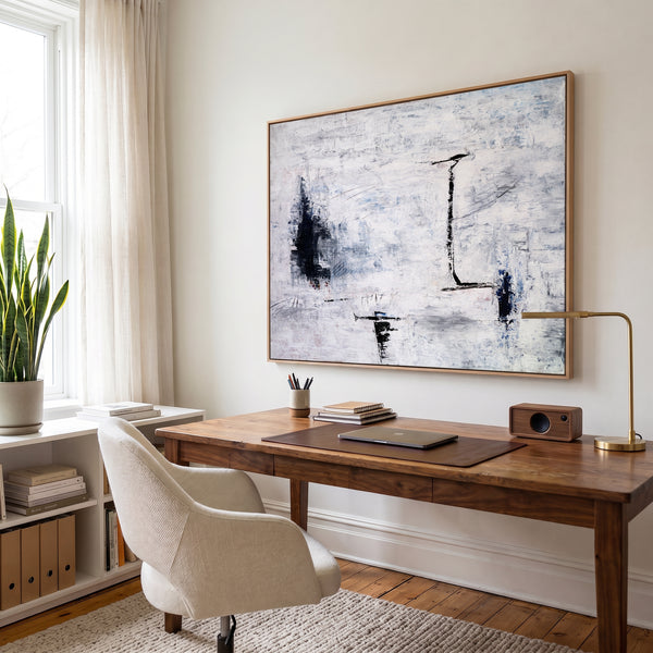 Large Abstract Wall Art — Minimalist Black White Original Oil Painting, Textured Canvas — "Trace (Horizontal Ver.)"
