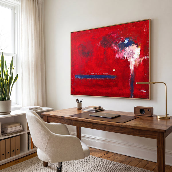 Bold Red Modern Abstract Wall Art — Vibrant Original Oil Painting, Textured Canvas — "Of the passion (Horizontal Ver.)"