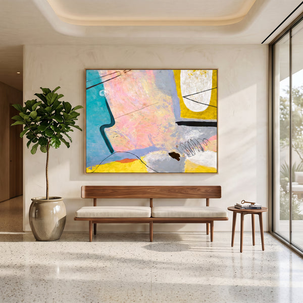Pink Teal Abstract Wall Art — Large Modern Original Oil Painting, Textured Canvas — "Mindscape (Horizontal Ver.)"