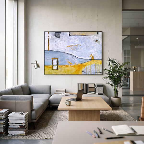 Abstract Wall Art, Yellow Modern Original Oil Painting — Large Textured Statement Canvas — "Yellow telephone booth (Horizontal Ver.)"