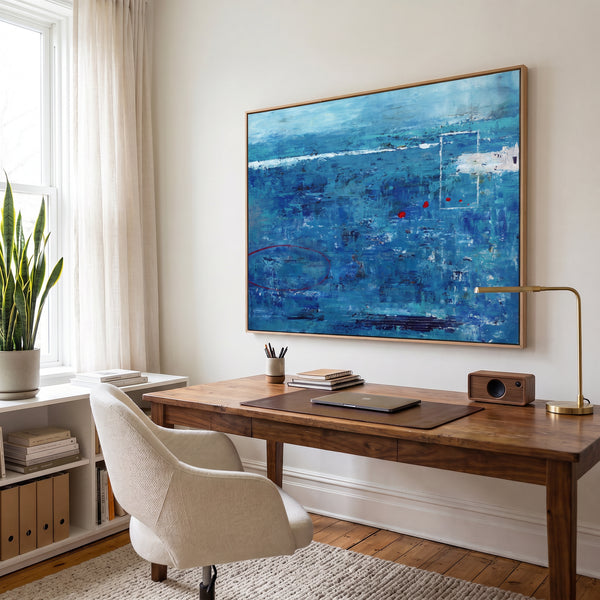Moody Blue Abstract Wall Art — Large Original Oil Painting, Textured Canvas — "Red dot transported (Horizontal Ver.)"