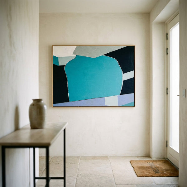 Bold Teal Geometric Abstract Wall Art — Original Oil Painting, Textured Canvas — "Geometry I (Horizontal Ver.)"