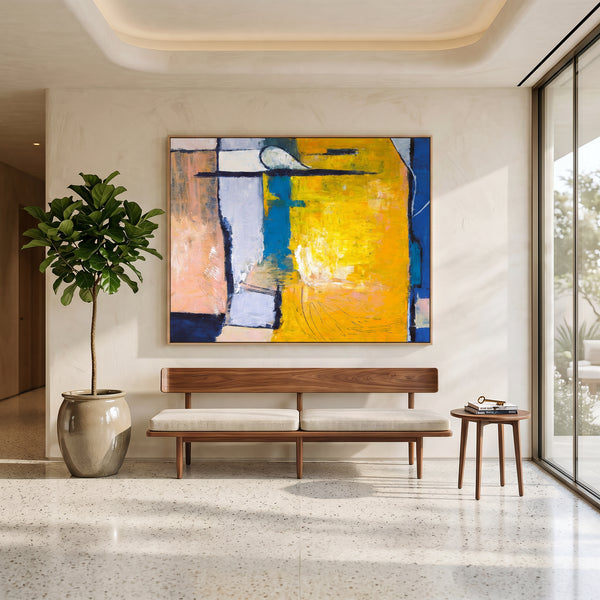 Vibrant Yellow Bold Abstract Wall Art — Modern Original Oil Painting, Textured Canvas — "Suburban (Horizontal Ver.)"