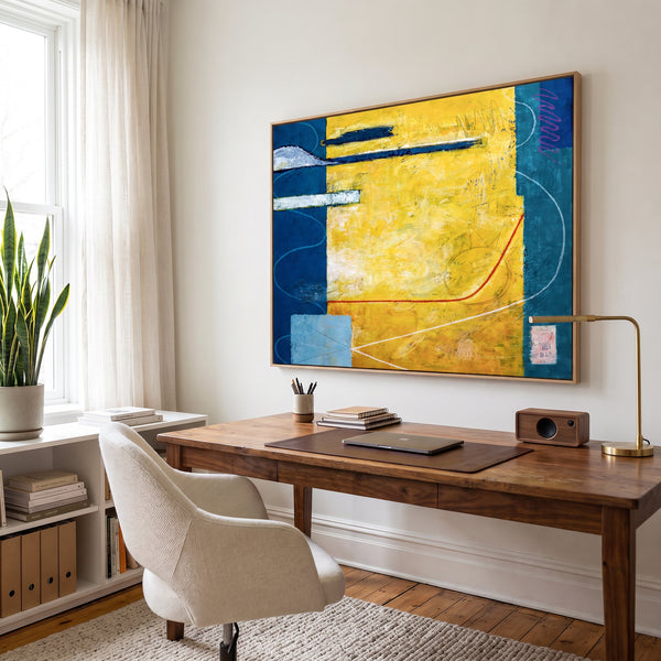 Large Yellow Teal Abstract Wall Art — Modern Original Oil Painting, Textured Canvas — "Summer time (Horizontal Ver.)"