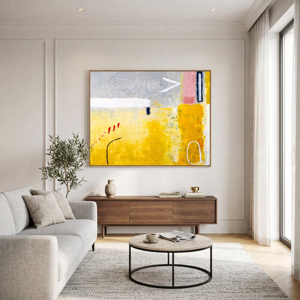 Yellow Modern Abstract Wall Art — Large Original Oil Painting, Textured Canvas — "Tuesday dream (Horizontal Ver.)"