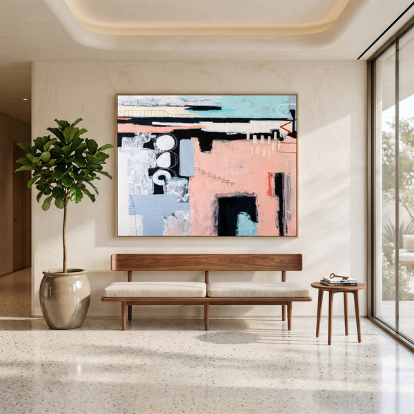Bold Pink Modern Abstract Wall Art — Original Oil Painting, Textured Canvas — "Archive of longings (Horizontal Ver.)"