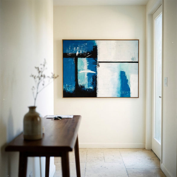 Bold Blue Modern Abstract Wall Art — Original Oil Painting, Textured Canvas — "Janus (Horizontal Ver.)"